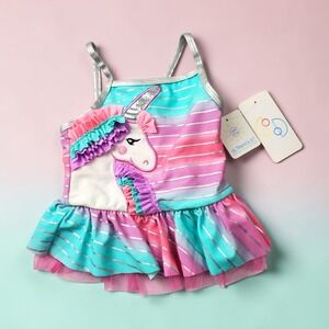 Flapdoodles Girls Unicorn Swim Top 2T Pink Teal Striped UPF 50+ NWT - TOP ONLY